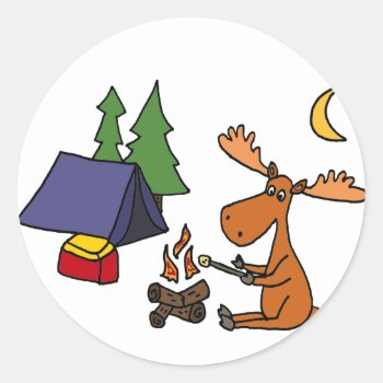 Funny Moose Camping Cartoon Classic Round Sticker by naturesmiles at Zazzle