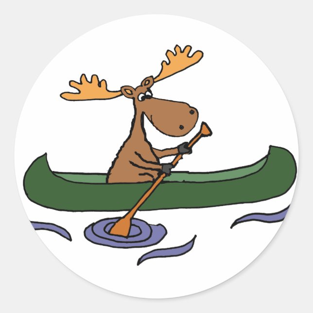 Funny Moose Canoeing Cartoon Classic Round Sticker (Front)