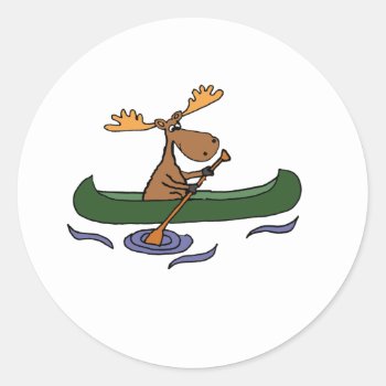 Funny Moose Canoeing Design Classic Round Sticker by naturesmiles at Zazzle