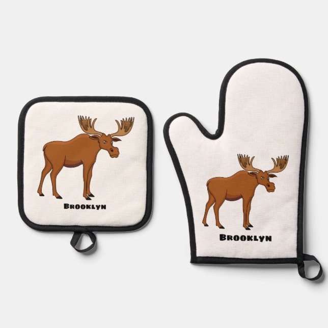 Funny moose cartoon illustration oven mitt & pot holder set (Front)
