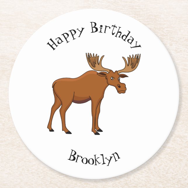Funny moose cartoon illustration  round paper coaster (Front)