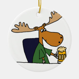 Funny Moose Drinking Beer Cartoon Ceramic Ornament