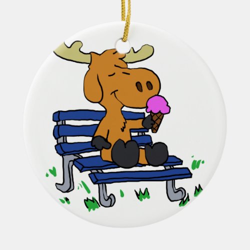 Funny moose eating ice cream  choose back color ceramic ornament