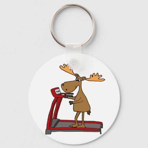 Funny Moose Exercising on Treadmill Cartoon Keychain
