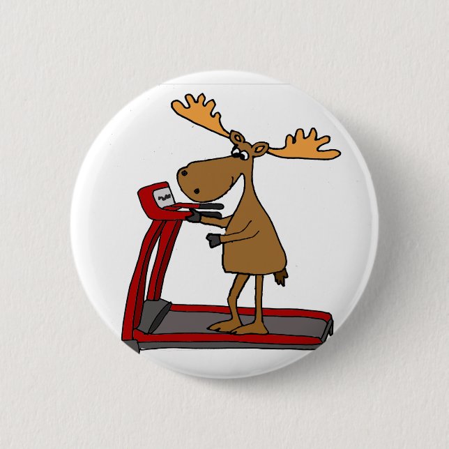 Funny Moose Exercising on Treadmill Cartoon Pinback Button (Front)