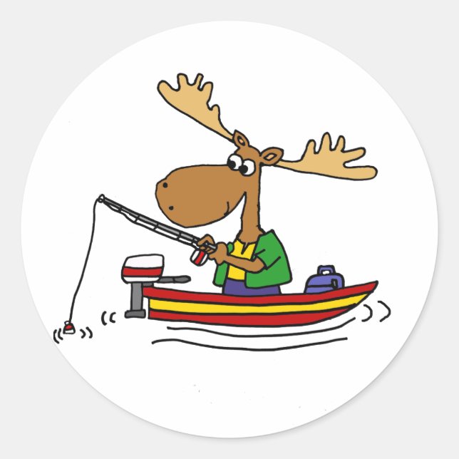 Funny Moose Fishing Cartoon Classic Round Sticker (Front)