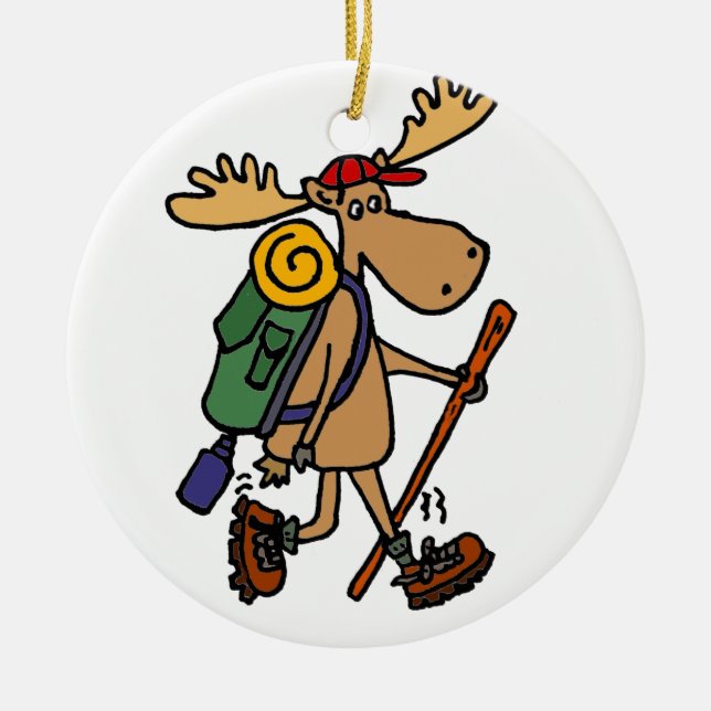 Funny Moose Hiker Ceramic Ornament (Front)