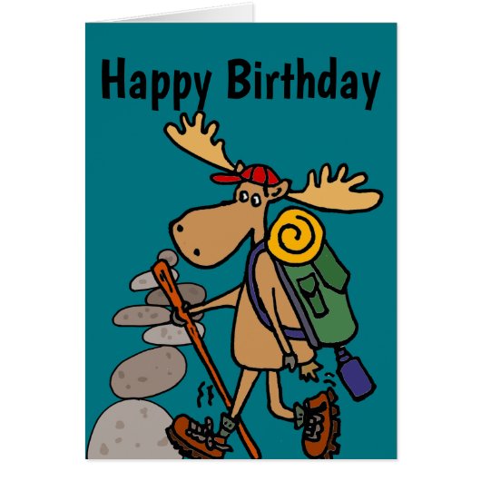 Funny Moose Hiking with Cairn Cartoon Cards (Front)