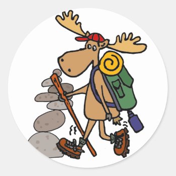 Funny Moose Hiking With Cairn Cartoon Classic Round Sticker by inspirationrocks at Zazzle