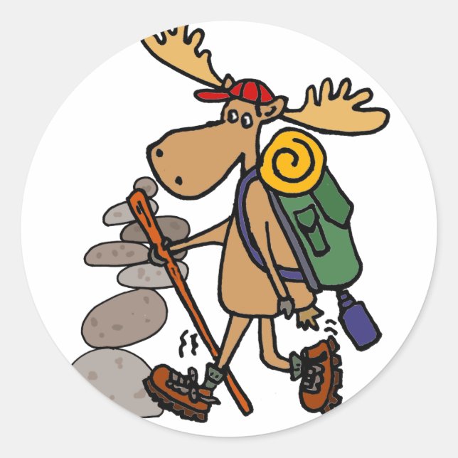 Funny Moose Hiking with Cairn Cartoon Classic Round Sticker (Front)