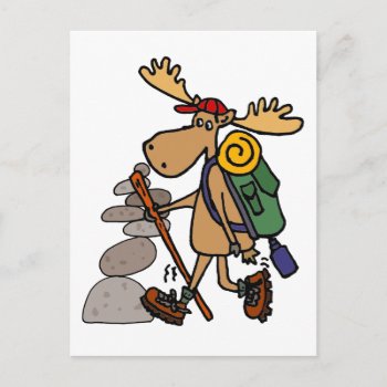 Funny Moose Hiking With Cairn Cartoon Postcard by inspirationrocks at Zazzle