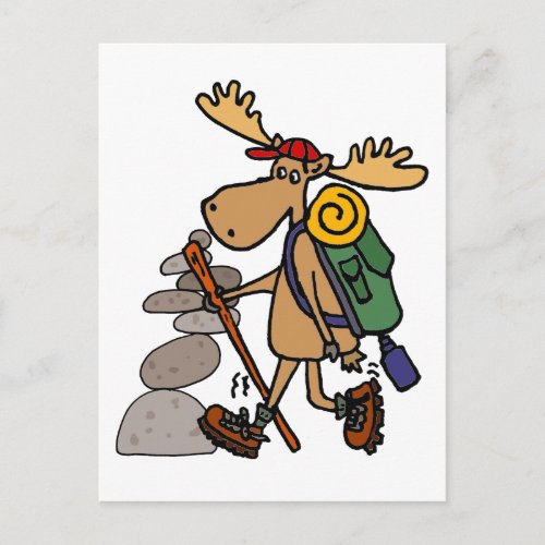 Funny Moose Hiking with Cairn Cartoon Postcard