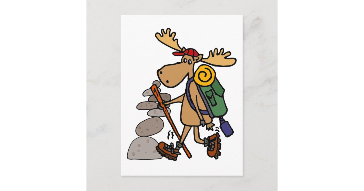 Funny Moose Hiking with Cairn Cartoon Postcard | Zazzle