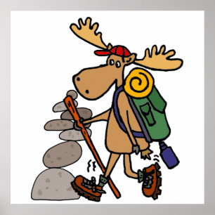 Funny Moose Hiking with Cairn Cartoon Poster