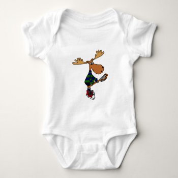 Funny Moose Holding Lacrosse Stick Baby Bodysuit by tickleyourfunnybone at Zazzle