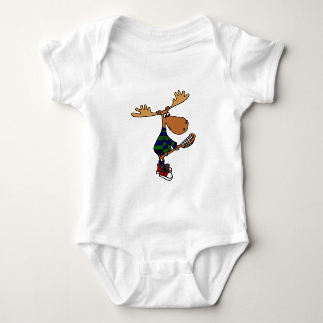 Funny Moose Holding Lacrosse Stick Baby Bodysuit (Front)