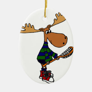 Funny Moose Holding Lacrosse Stick Ceramic Ornament