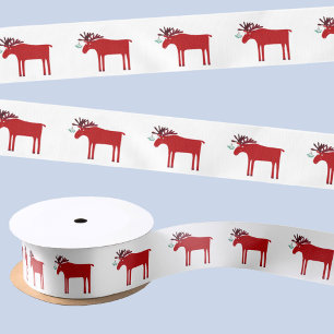 Funny Moose Holiday Red and White Satin Ribbon