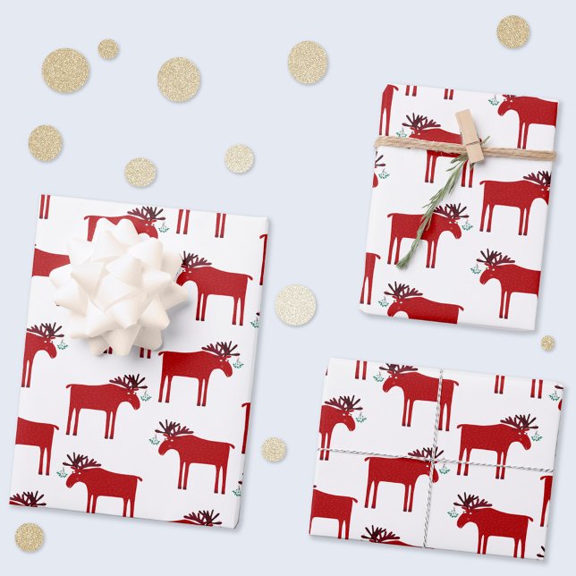 Funny Moose Holiday Red and White Wrapping Paper Sheets (Funny moose or elk pattern red and white gift wrapping paper sheets)