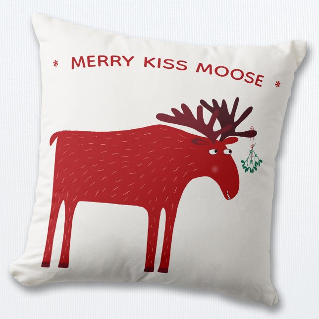 Funny Moose Holiday Throw Pillow (Merry Kiss Moose funny festive pillow)