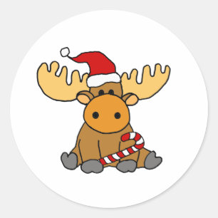 Funny Moose in Santa hat Christmas Cartoon Classic Round Sticker