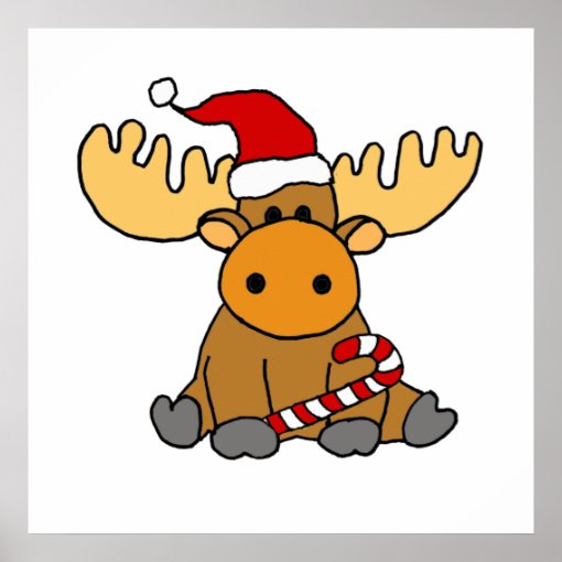 Funny Moose in Santa hat Christmas Cartoon Poster | Zazzle