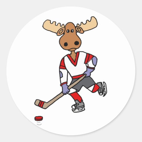 Funny Moose Playing Ice Hockey Cartoon Classic Round Sticker