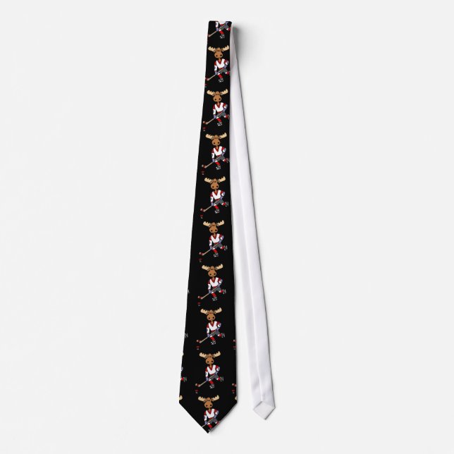 Funny Moose Playing Ice Hockey Cartoon Neck Tie (Front)