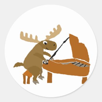 Funny Moose Playing Piano Original Art Classic Round Sticker by ChristmasSmiles at Zazzle