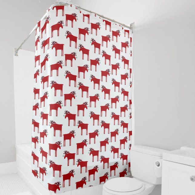 Funny Moose Red and White Holiday Shower Curtain (Fun red and white festive moose or elk with mistletoe pattern shower curtain)