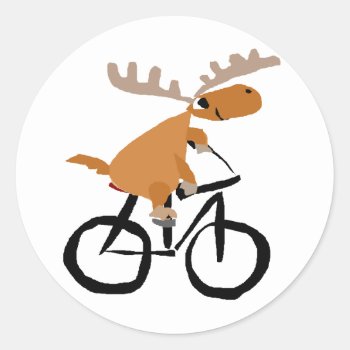 Funny Moose Riding Bicycle Original Art Classic Round Sticker by ChristmasSmiles at Zazzle