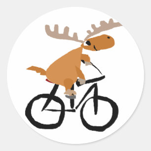 Funny Moose Riding Bicycle original art Classic Round Sticker