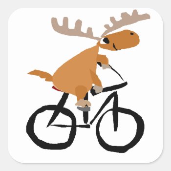 Funny Moose Riding Bicycle Original Art Square Sticker by ChristmasSmiles at Zazzle