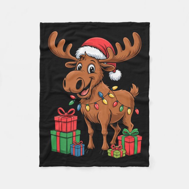Funny Moose Santa Hat Animals Lovers Ugly Christma Fleece Blanket (Front)