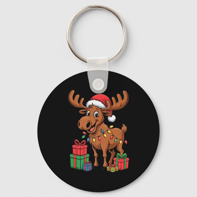 Funny Moose Santa Hat Animals Lovers Ugly Christma Keychain (Front)