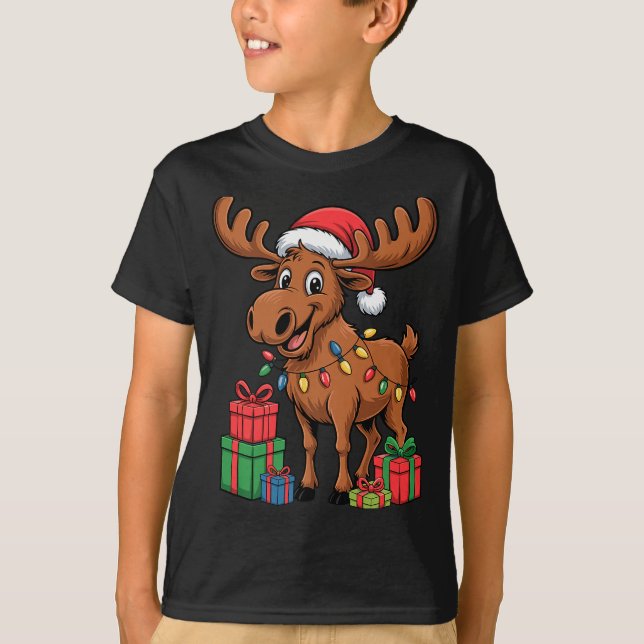 Funny Moose Santa Hat Animals Lovers Ugly Christma T-Shirt (Front)