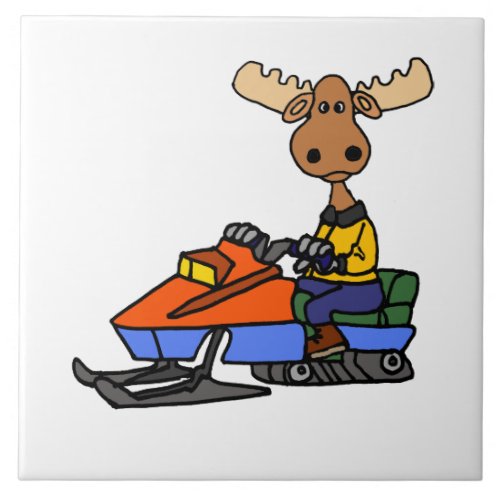 Funny Moose Snowmobiling Ceramic Tile