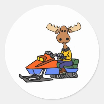 Funny Moose Snowmobiling Classic Round Sticker by tickleyourfunnybone at Zazzle
