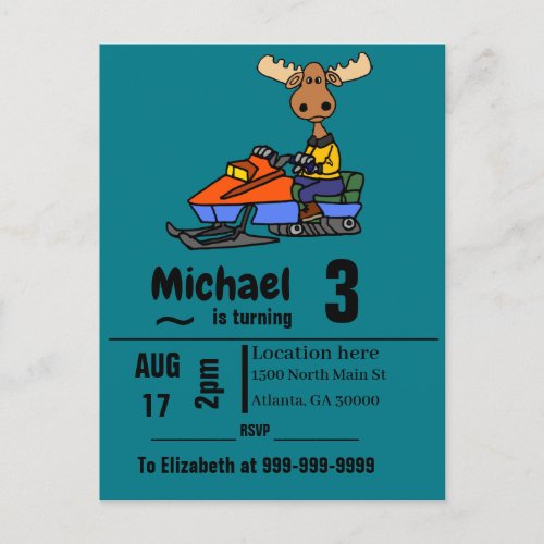 Funny Moose Snowmobiling Invitation Postcard