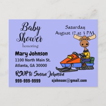 Funny Moose Snowmobiling Invitation Postcard by tickleyourfunnybone at Zazzle