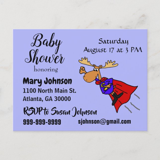 Funny Moose Superhero Baby Shower Invitation Postcard (Front)