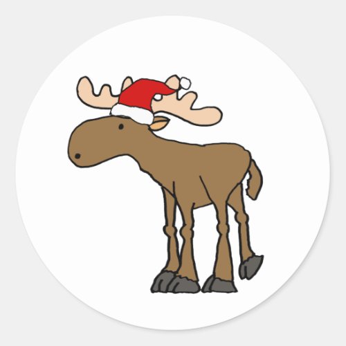 Funny Moose wearing Santa Hat Christmas Cartoon Classic Round Sticker