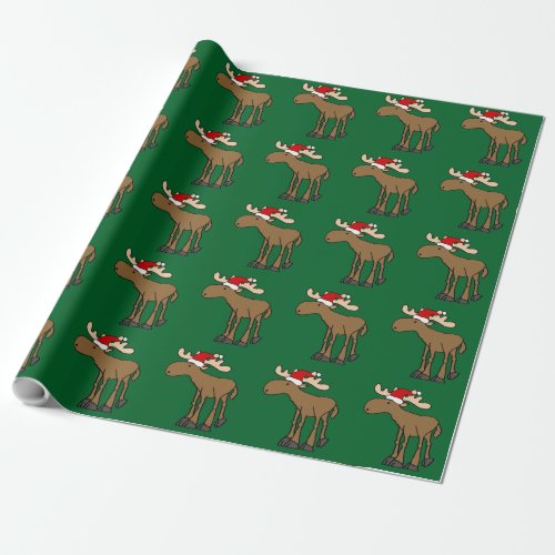 Funny Moose wearing Santa Hat Christmas Cartoon Wrapping Paper