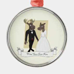 Funny Moose Wedding Cartoon Metal Ornament