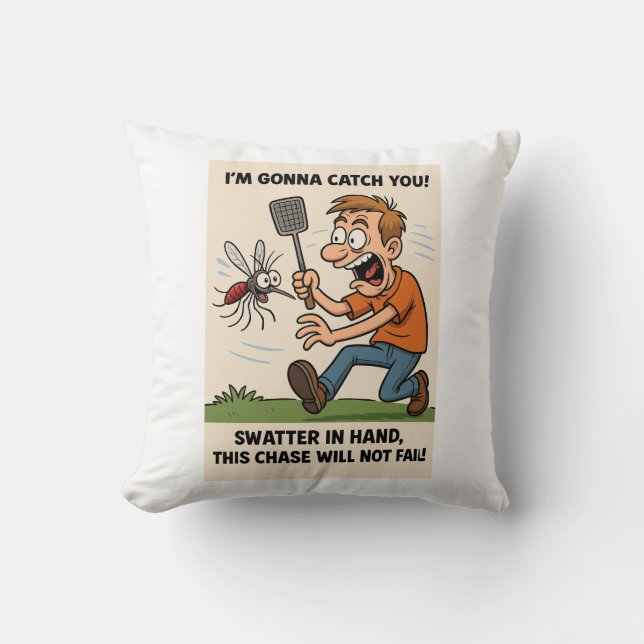 Funny Mosquito Cartoon Bug Chase with Swatter Throw Pillow (Front)