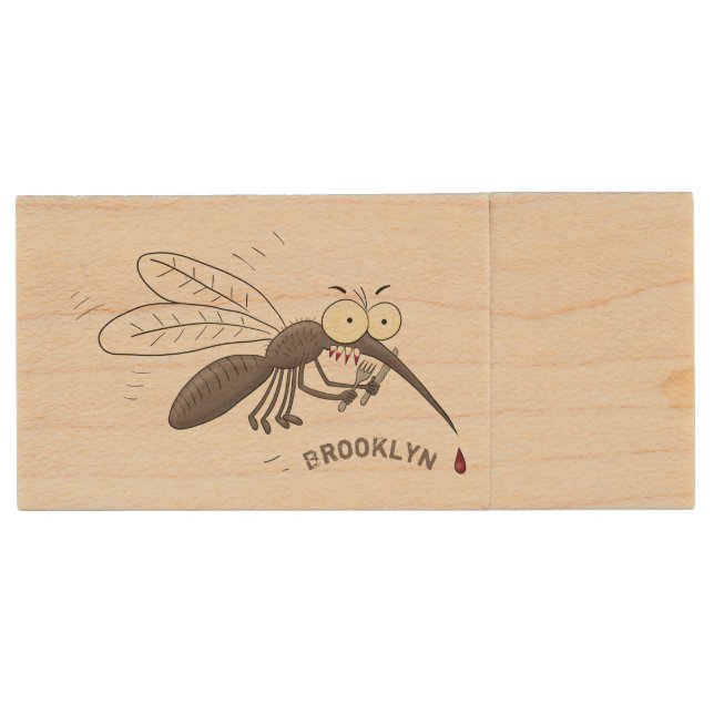 Funny mosquito insect cartoon illustration wood flash drive (Front)