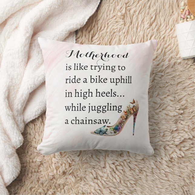 Funny Motherhood High Heels, Biking Uphill, Juggle Throw Pillow (Blanket)