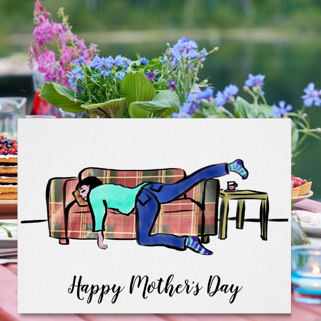 Funny Mothers Day Mom Asleep  (Funny happy Mother’s Day holiday greetings card with mom asleep on the sofa illustration )