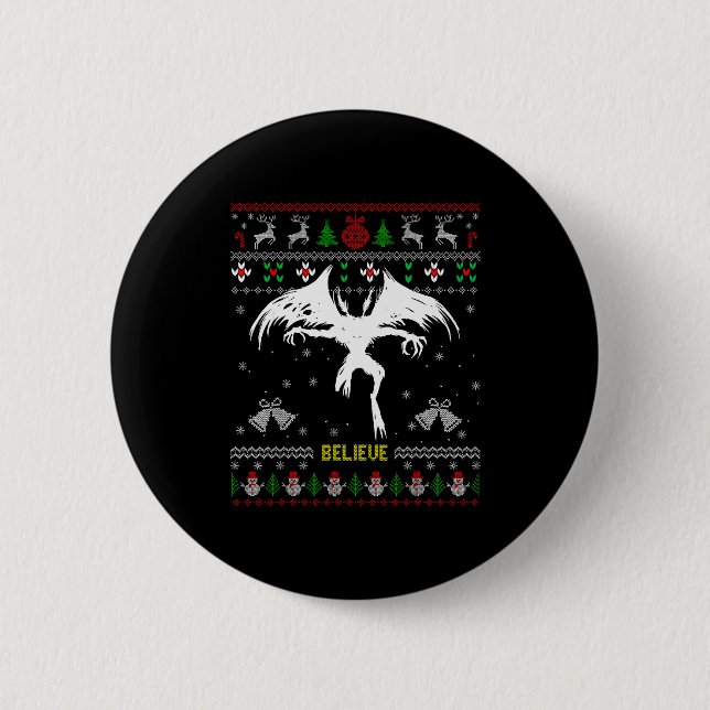 Funny Mothman Ugly Christmas Sweater Believe Crypt Button (Front)