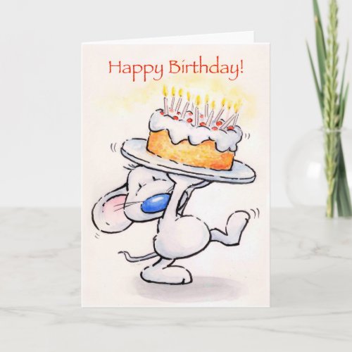 Funny mouse carrying huge cake Happy Birthday Card